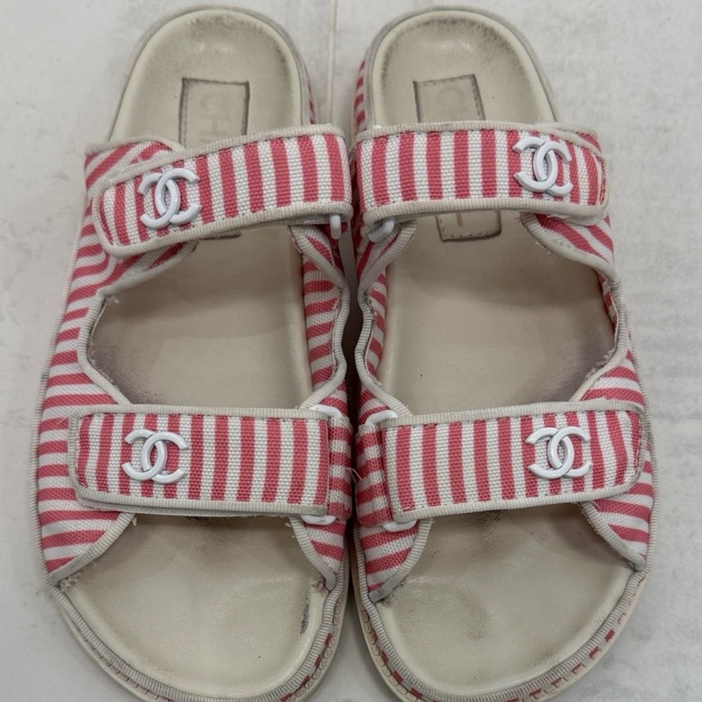 Chanel Printed Calfskin Velcro Dad Flat Mules Sandals Red Stripe 38 EU / 8 US - Picture 3 of 10